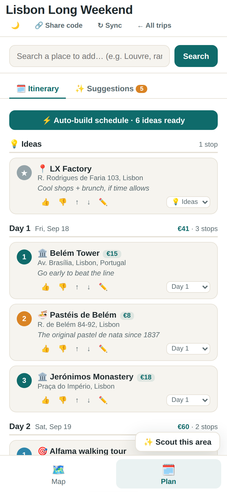 Itinerary screen showing a day-by-day Lisbon schedule with prices and votes